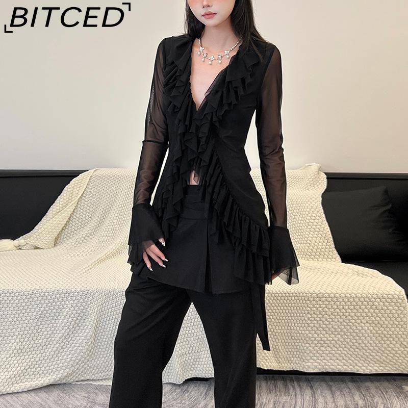 BITCED Fall Women's Solid-Color Slim-Fit Streetwear V-Neck Long-Sleeve Mesh Top