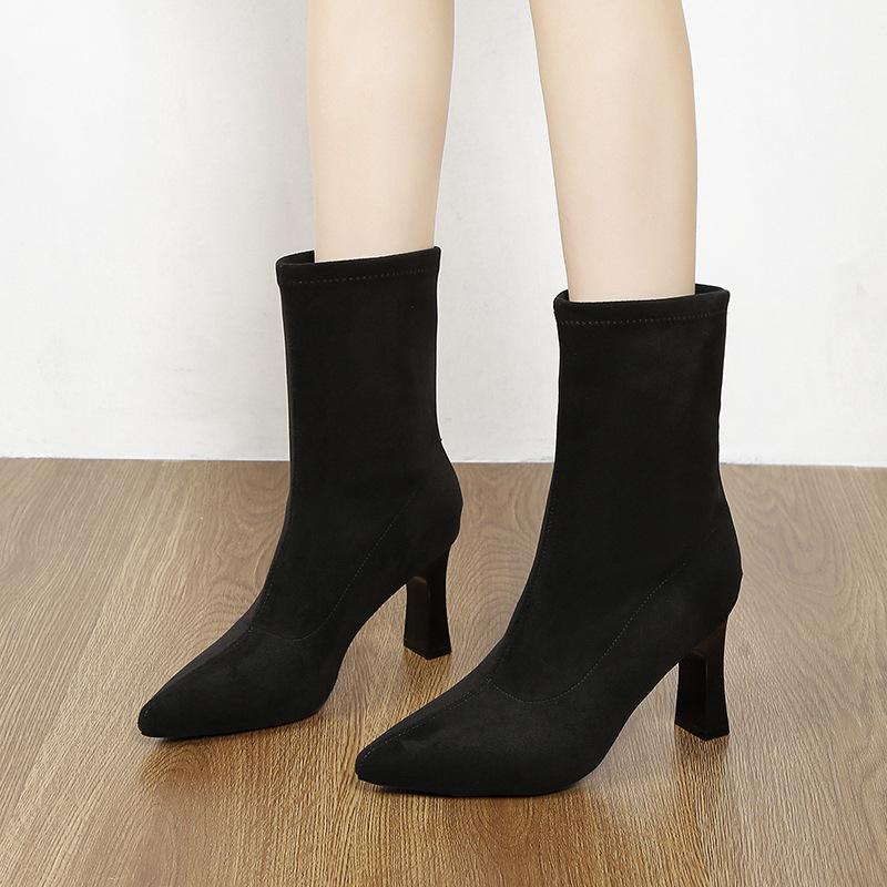 Fashion versatile pointed thick heel elastic boots women's spring and autumn new high heel sleeve thin boots suede fashion boots