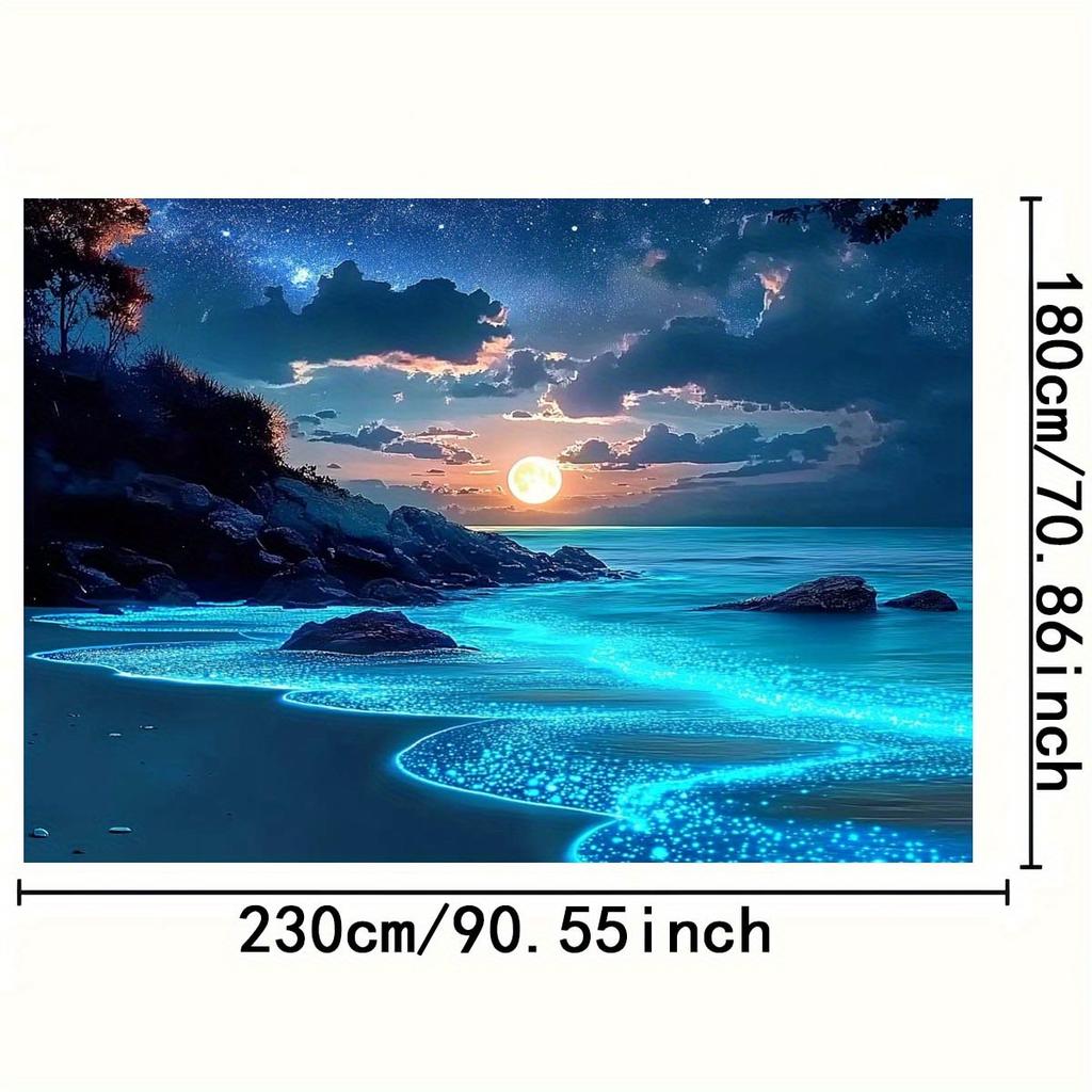 Stunning Blue Ocean and Moon Tapestry - Vibrant Polyester Wall Hanging with Starry Sky, Rocky Shoreline, and Glowing Shoreline