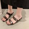 Small Lock Buckle Flip Slippers Women Summer New Versatile Square Toe Open Toe Metal Buckle Middle Heel Cool Mopping