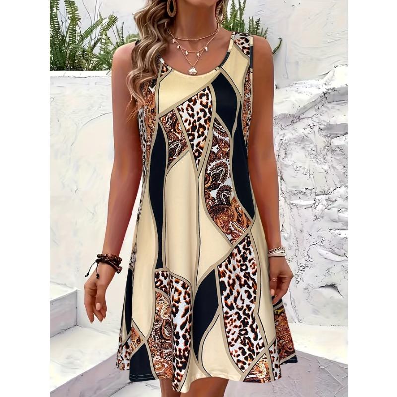 Women s Leopard Paisley Patchwork Sleeveless Dress Summer Casual Round Neck Loose A Line Swing Sundress L