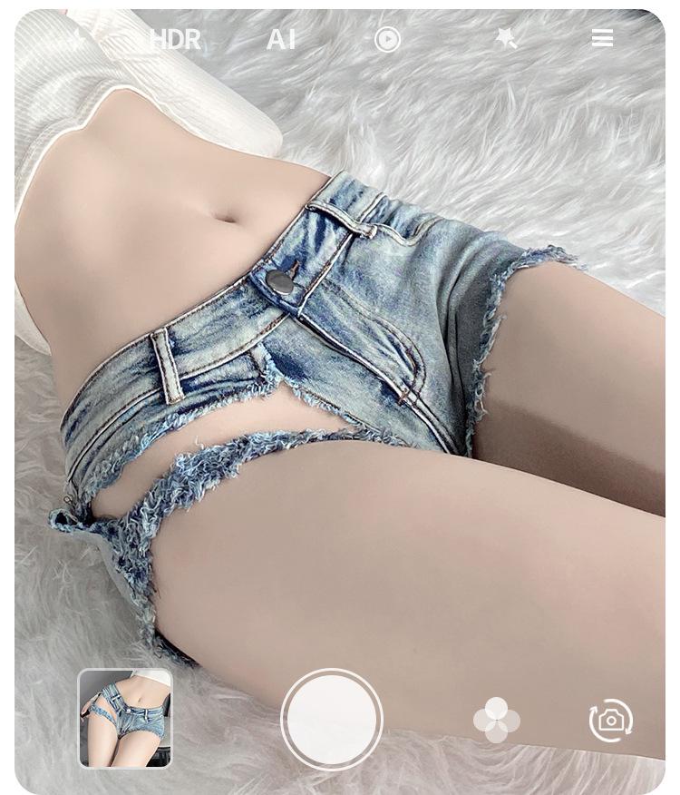 Linlin Ting Women's Low Waist Open Crotch Ripped Denim Lingerie Shorts - Sexy Nightclub Temptation Wear