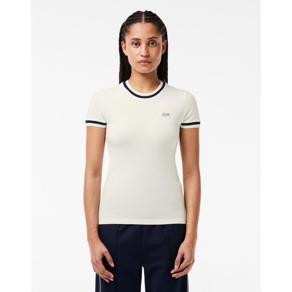 

LacoSTe Women S Slim FiT Tipping ShorT Sleeve T ShirT Tf7221 54g Ev0 034