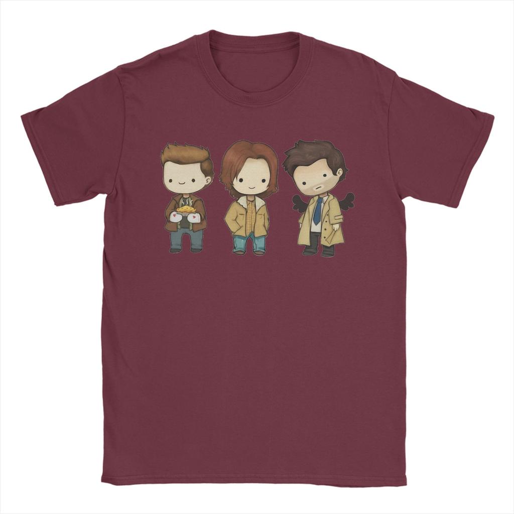 Humor Sam Dean Castiel Supernatural Chibi TShirt Men Round Neck Pure Cotton T Shirts TV Shows Short Sleeve Tees Gift Tops