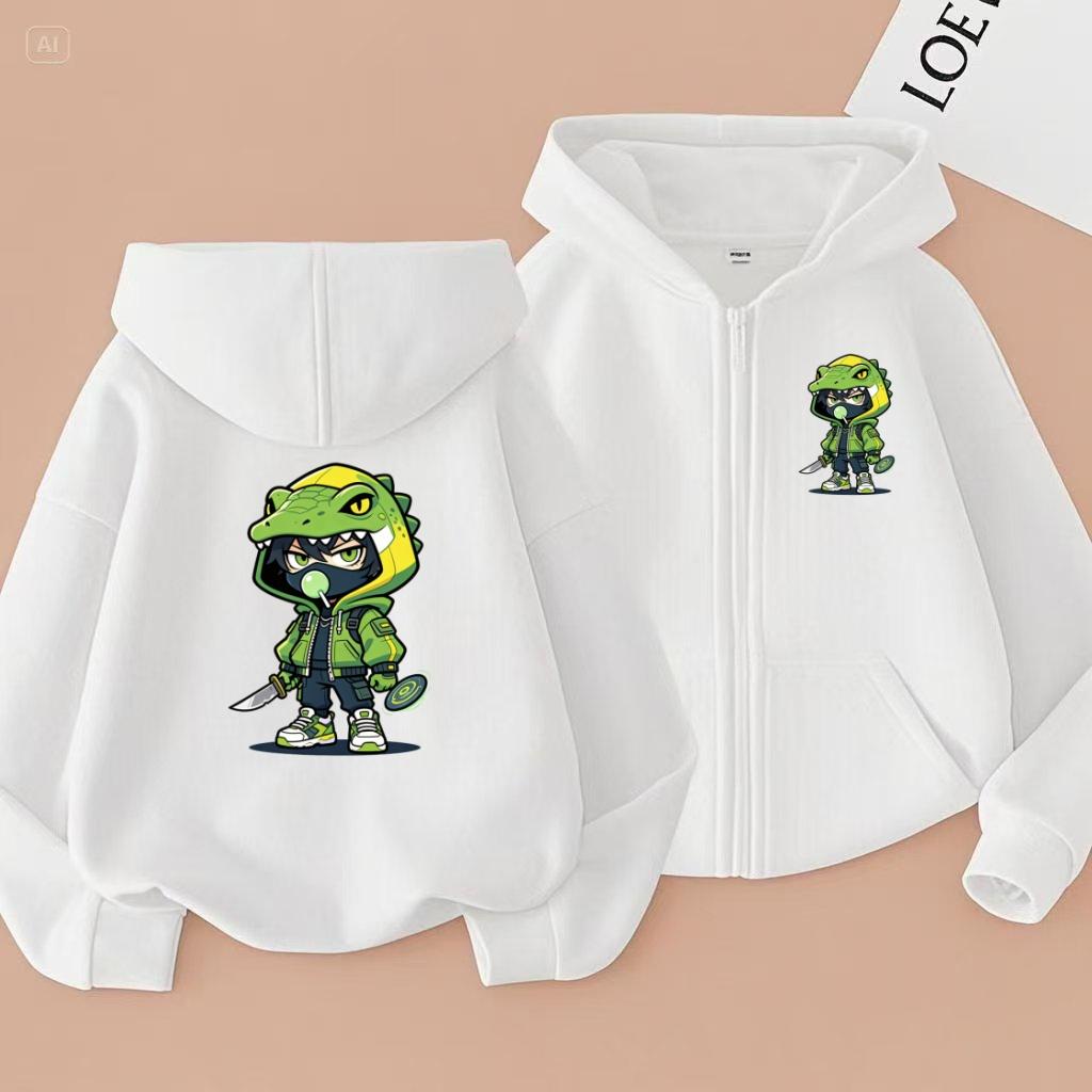2026 New Style Children's Sporty Zippered Hooded Sweatshirt Casual Jacket with Cartoon Lizard Pattern for Ages 3 To 12