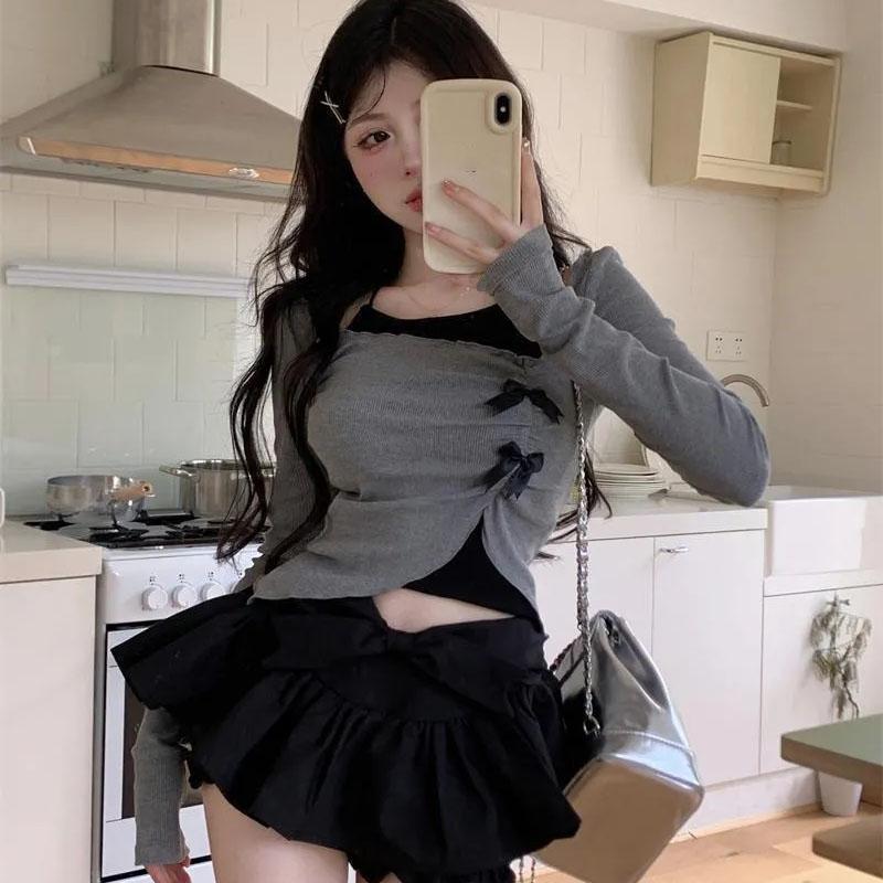 Pure Desire Irregular Grey Long Sleeve Top Tank Strap Design Women's Short Two-piece Set Slim American Spicy Girl Korean Fashion
