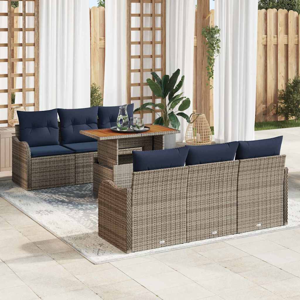 Garden Sofa Set 7 Pieces Gray and Navy Blue Poly Rattan