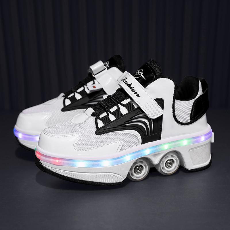 Kids Glowing Sneakers Kids Roller Skates for 6-15 Years Old Four-wheel Deformation Can Walk Can Skate Skates Mens Roller Sneakers