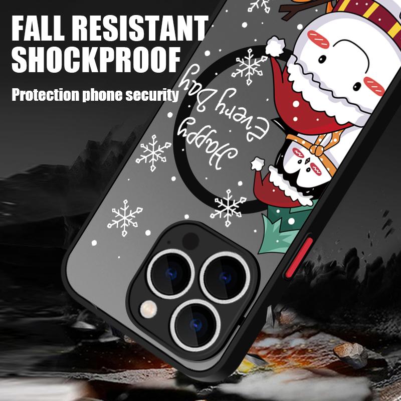 Handyhülle mit Weihnachtsbaum- und Schneemann-Print für iPhone 16 15 Pro Max 14 13 Pro 12 11 8 7 für MagSafe, magnetisch, stoßfest, weiche Kante, klare, matte Hülle