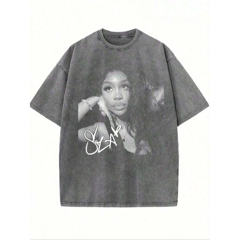 230G Washed, Curly-Haired Ladies Printed T-Shirts, H 2XL темно серый