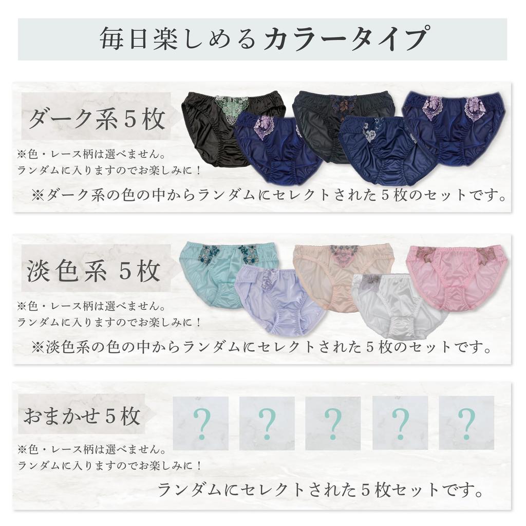 VISE Shiny Satin Tricot Lace Underwear Women's 5-Piece Set, Panties, (DS0009 L, 5-Piece Set)