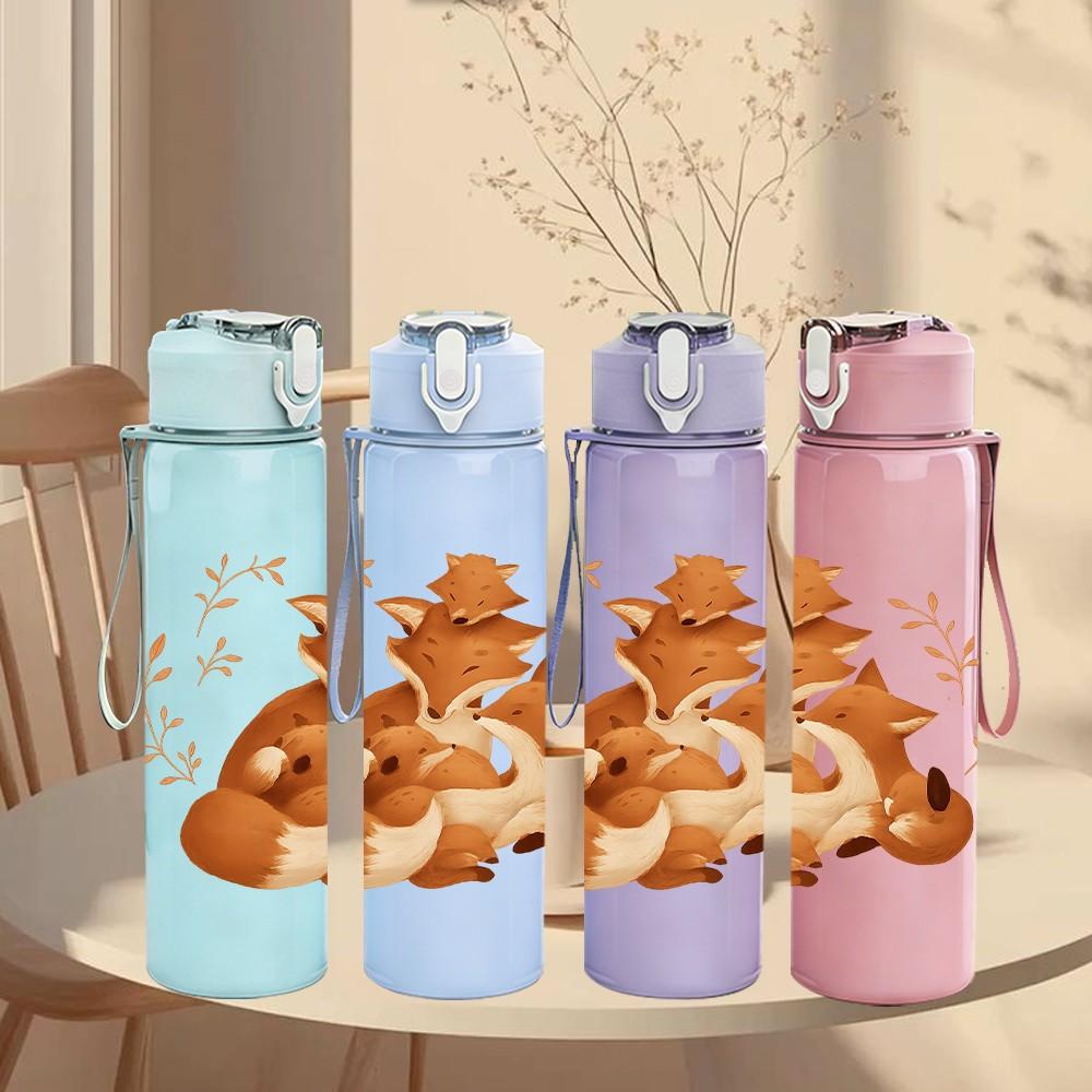 1PC Twin Fox Family Cartoon 750ml Color Plastic Sports Water Bottle Leakproof Flip Straw Lid Suitable for Sports Office Home Use