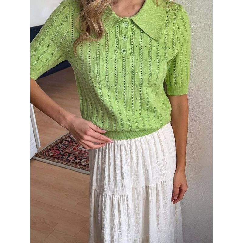 Elsa European and American Women Clothes 2025 Summer New Russian Hollow Lapel Short Sleeve Knit Niche Half Sleeve Top