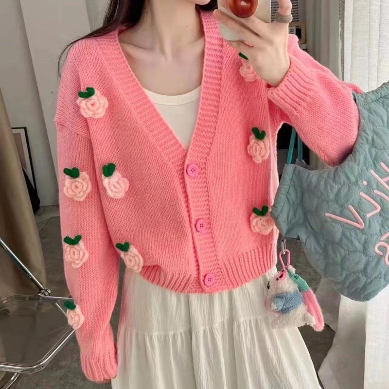 Romantic three-dimensional flower knitted cardigan autumn and winter new style foreign style versatile outer sweater jacket women