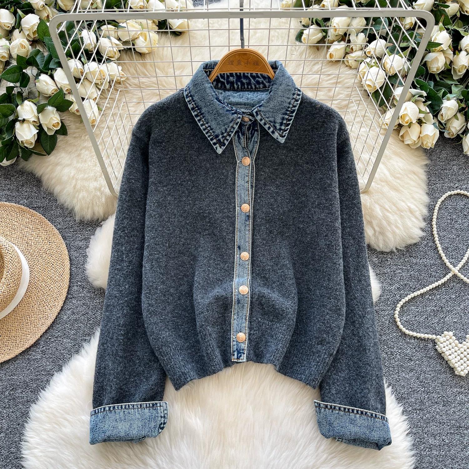Осенний Зимний Женский Винтажный Однобортный Джинсовый Пэчворк Вязаный Свитер Кардиган Пальто One size темно-серого