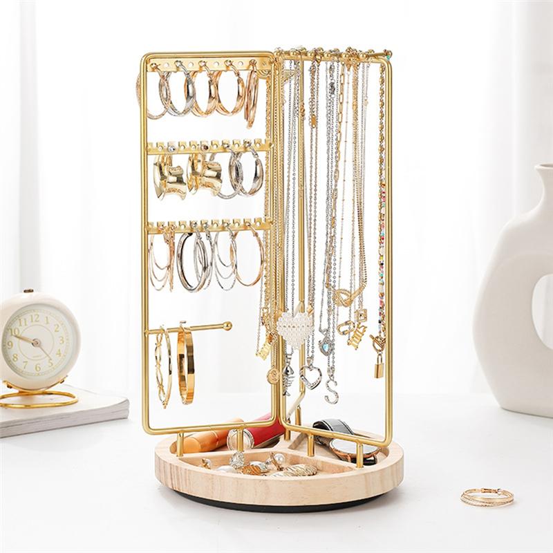 Premium-Jewelry Organizer Stand Rotating Jewelry Display With Metal Frame, With Bottom Tray, Jewelry Tower Organizer