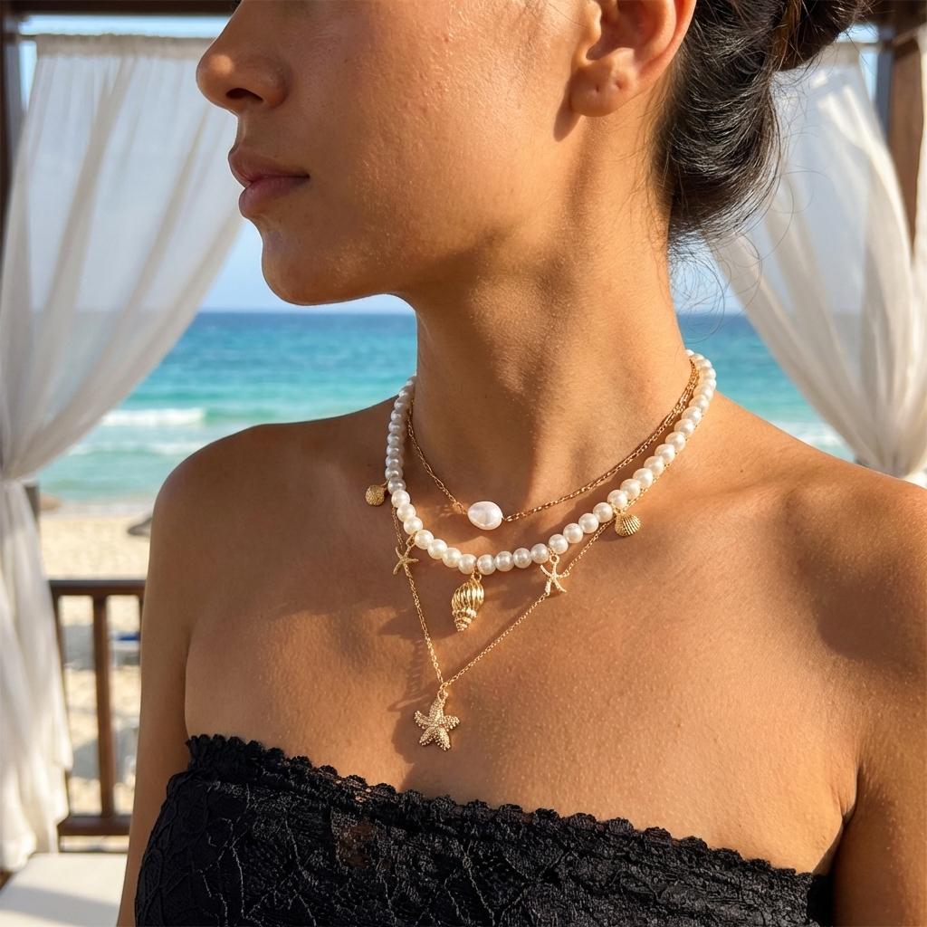 3-Layer Boho Beach Imitation Pearl Choker Necklace Set for Women Gold Color Starfish Scallop Pendant Summer Vacation Jewelry