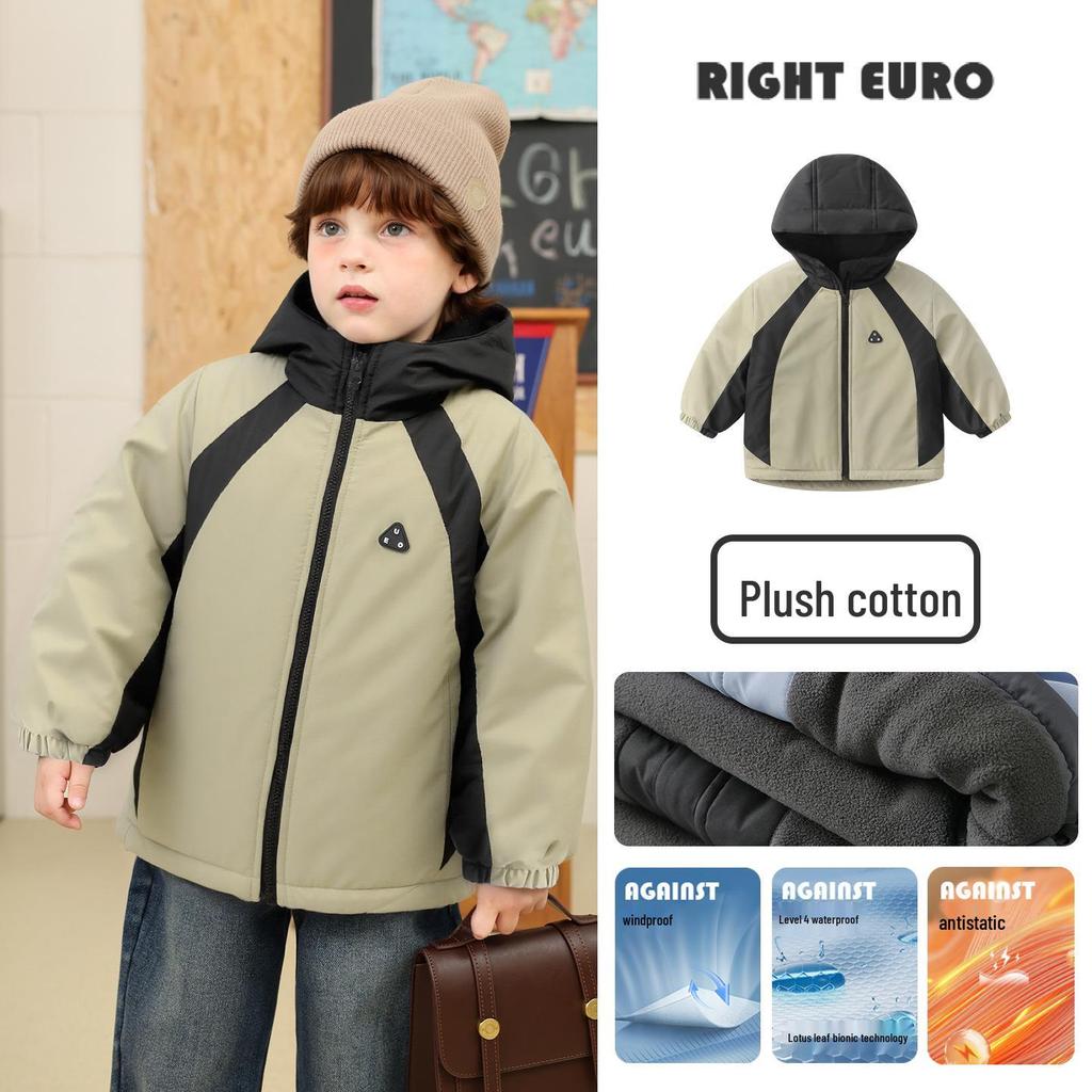 2025 New Boys' Color Block Waterproof Hooded Cotton Jacket with Fleece