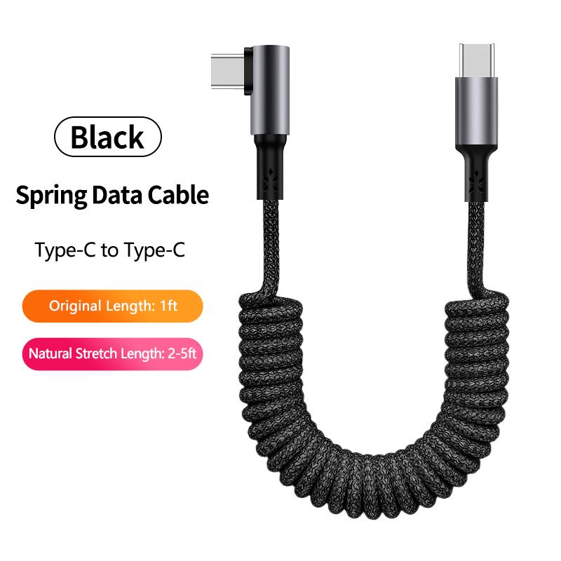 Electronic Accessories 100W 90 Degree Right Angled USB-C Coiled Retractable Data Cable Pure Copper Conductor Braid