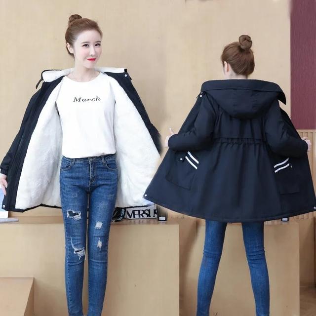 FiveFive Vinterjakke Dame Bomullsfôret Kåpe Legg til Fløyel Tykk Hette Dame Vindjakke Stor Størrelse Dame Lang Parka Yttertøy