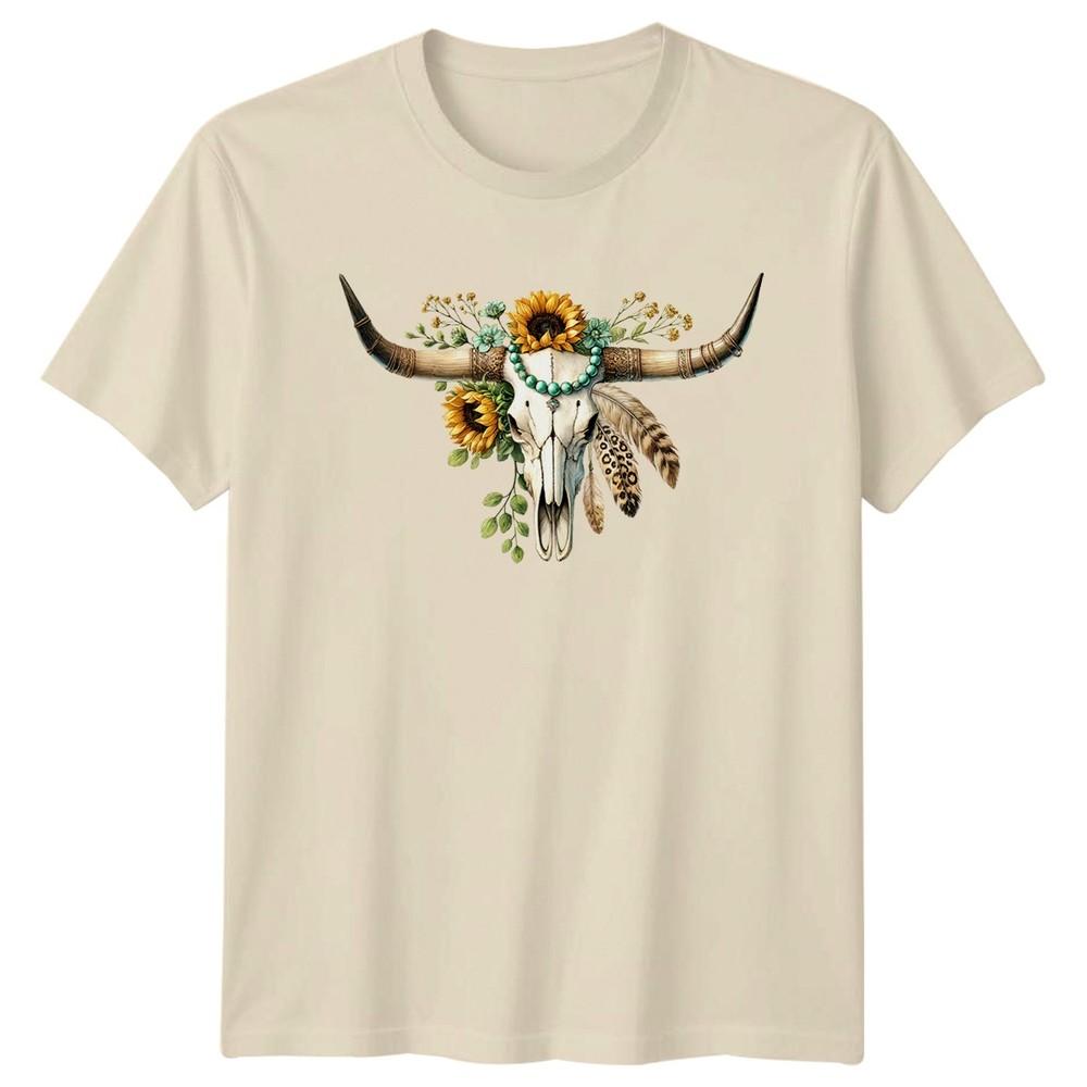 Bohemian Cow Skull Sunflowers Unisexs TShirt Floral Birthday Gift For Her
