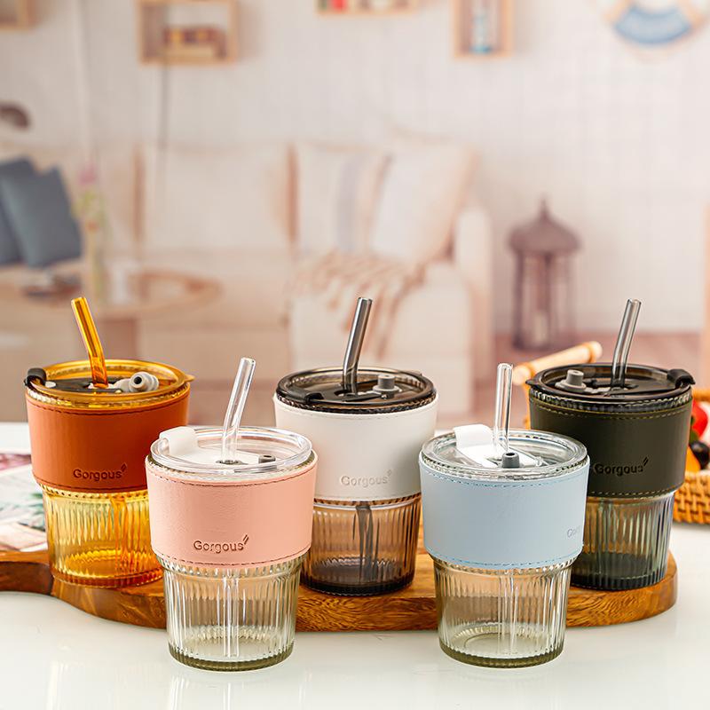 400ml Coffee Glass Cup Leather Sleeve Slub Glass Cup With Lid and Straw Coffee Glass Water Bottle Drinking 400 mL