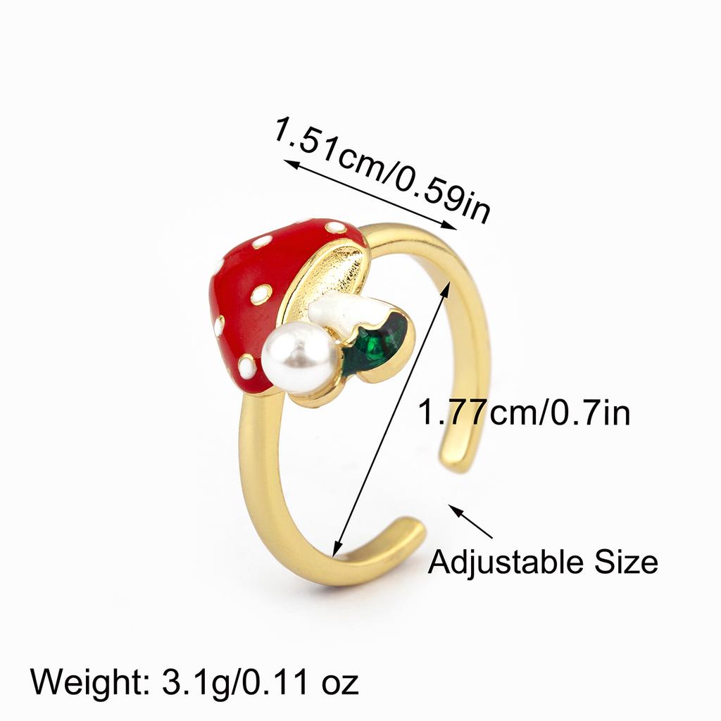 Nidin New Style Mushroom Shape Inlaid Zircon Pearl Enamel Drip Opening Adjustable Rings For Women Girl Cute Sweet Finger Jewelry