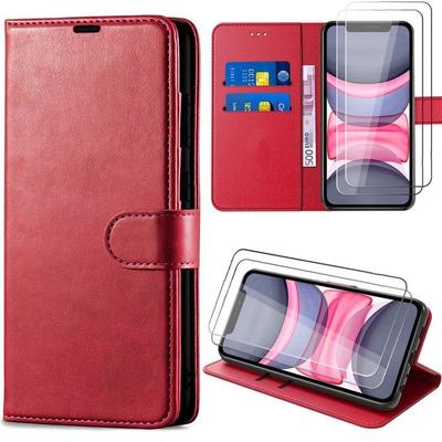 Case + 2 Tempered Glass for iPhone 11, Anti-Scratch Flip Protection Red Synthetic Leather