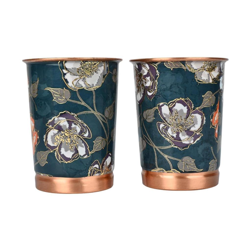 Copper Printed Design 250ML Water Glass with Rust Proof for Home and Office Use Ayurveda and Yoga Health Benefits Glass Set of 6 (Green Gold)