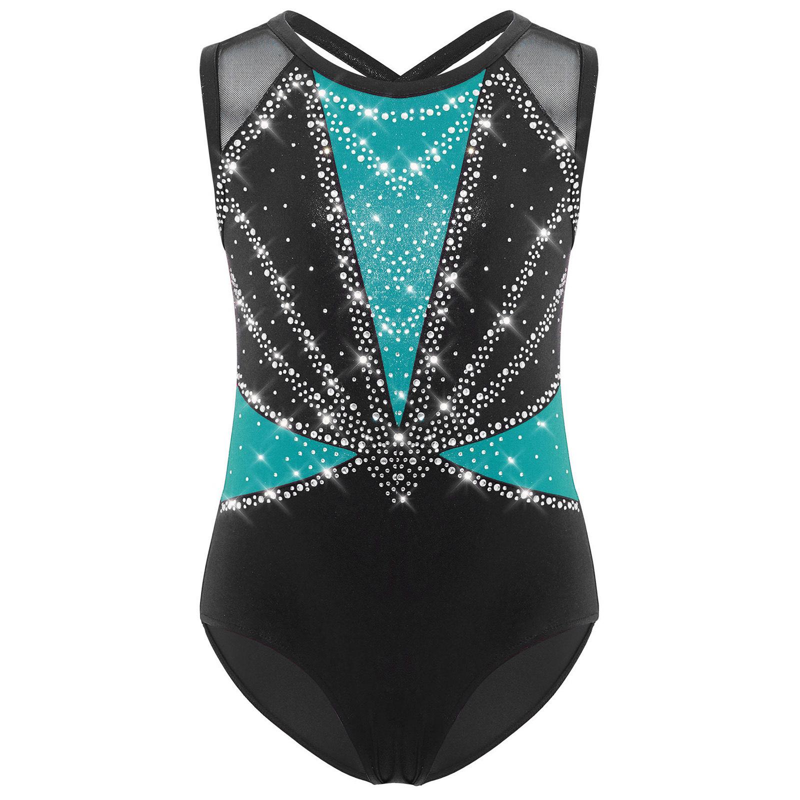 

Дитячий гімнастичний купальник з перехрещеною спинкою, без рукавів, з круглим вирізом, блискучими стразами, металізований танцювальний костюм 7-8 Years зелений