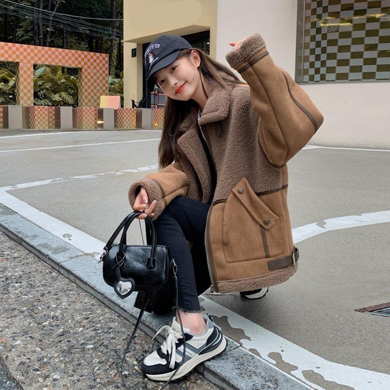 Damen Pelz Einteiler Faux Lammwolle Mantel Damen Winter Sinn Gepolstert und Verdickt Spleißen Biker Anzug Jacke