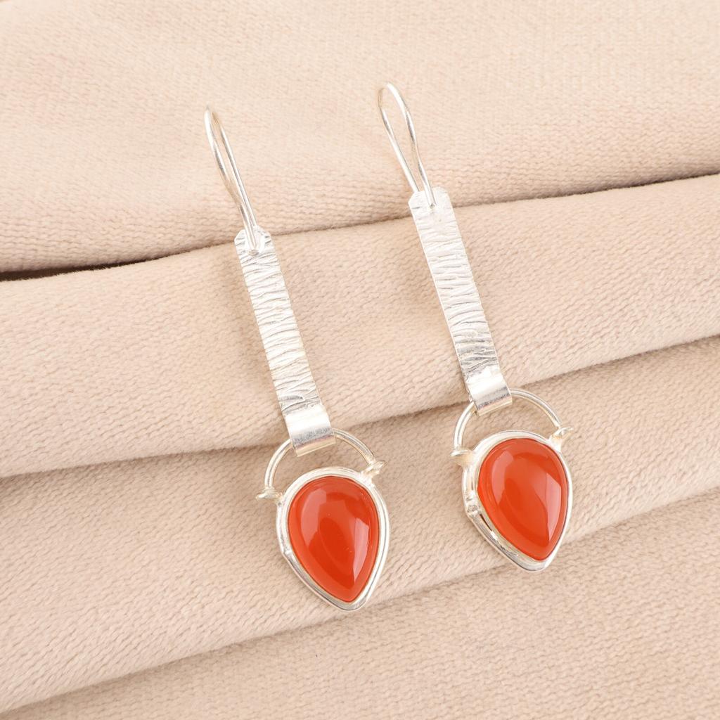 Carnelian Gemstone 925 Sterling Silver Jewelry Handmade Pear Shape Earrings 2.3" EE-166-19