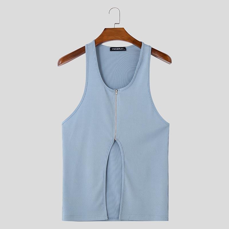 

INCERUN Summer Men Sleeveless Cutout Zipper Solid Casual Rib Tank Tops XL синий