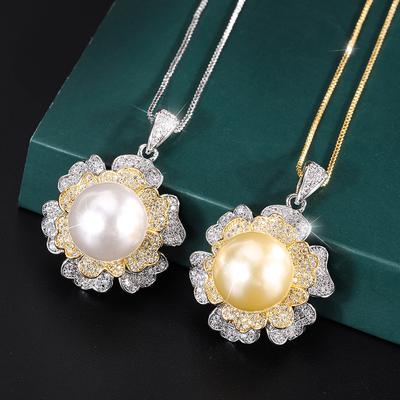Jewelry Inlaid Austrian Fritillary Pearl Gold-Plated Color-Separated Diamond-Set Flower Women'S Pendant Necklace 14Mm