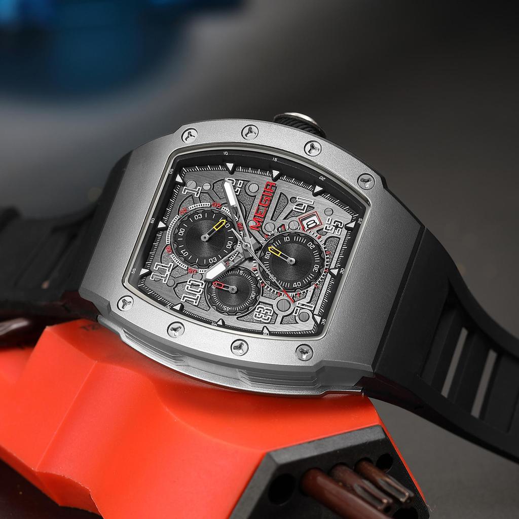 Megir Mode Sportuhren für Herren Edelstahlgehäuse Wasserdicht Leuchtend Militär Quarz Chronograph Automatisches Datum Reloj Hombre 8411
