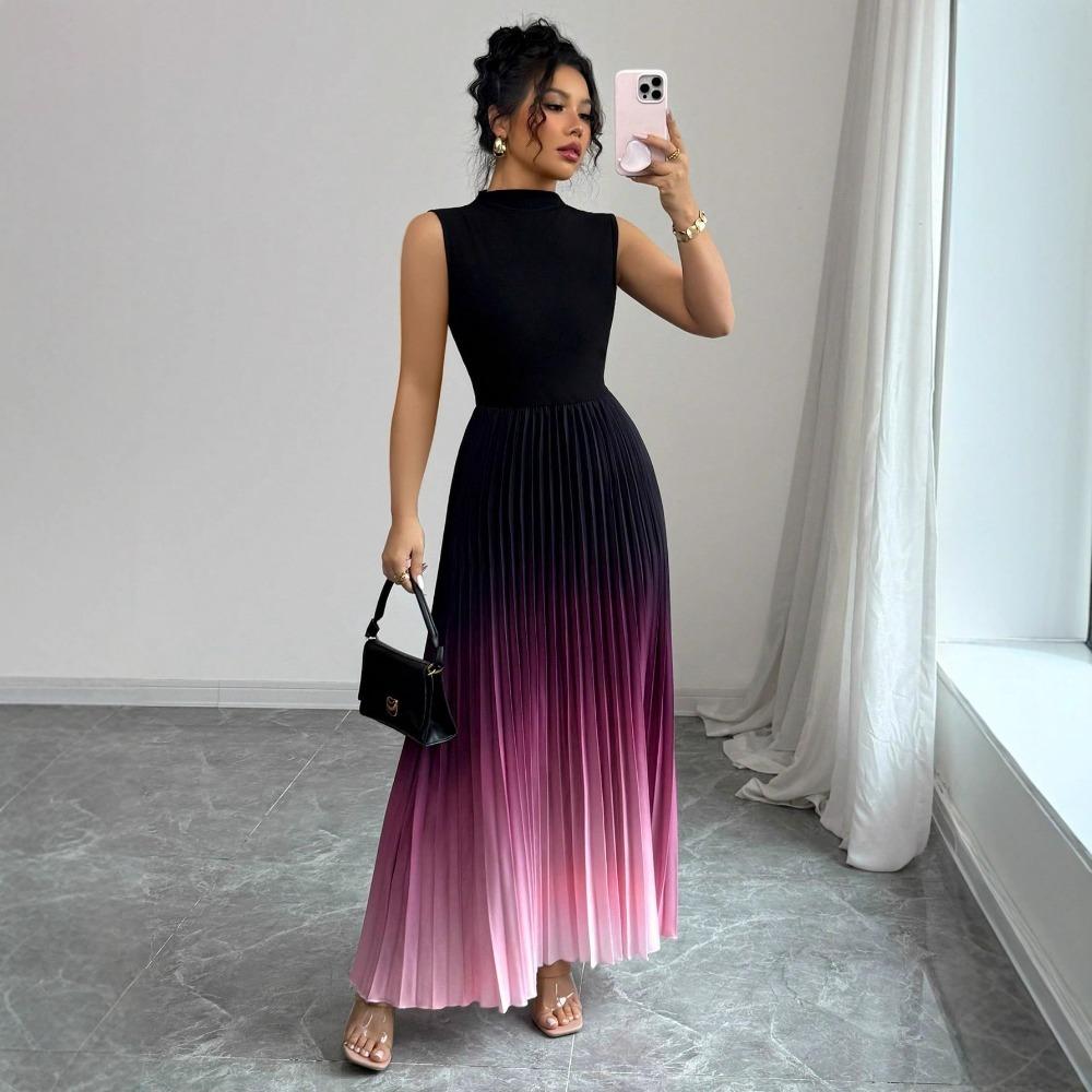 Women's Mock Neck Sleeveless Slim Fit Maxi Dress Pleated Ombre Color Long Gown
