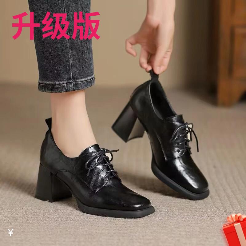 

Маленькие кожаные туфли в британском стиле не утомляют ноги, одинарные туфли женские 2025 весна новая женская обувь на шнуровке лоферы толстый каблук высокий каблук 35