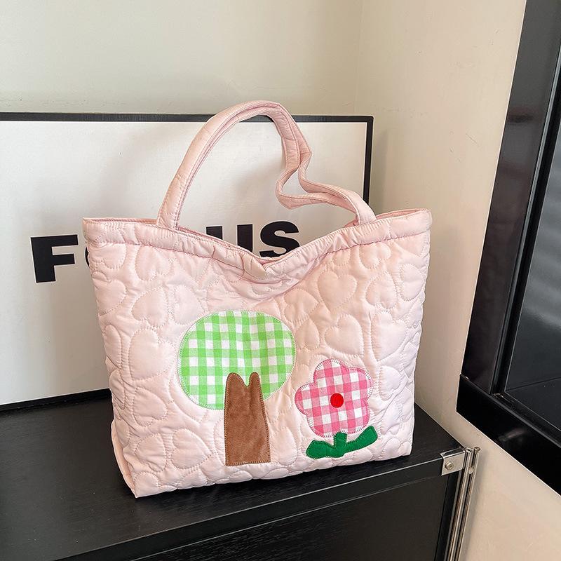 Korean Version of Padded Shoulder Bag, Cute and Sweet Summer New Large-capacity Tote Bag, Zipper Model, Embroidered Plaid.