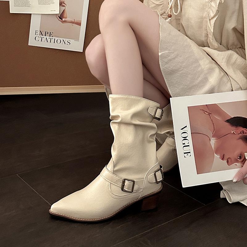 French niche design thick heel western cowboy boots women's 2025 summer new temperament fashionable versatile stacking boots