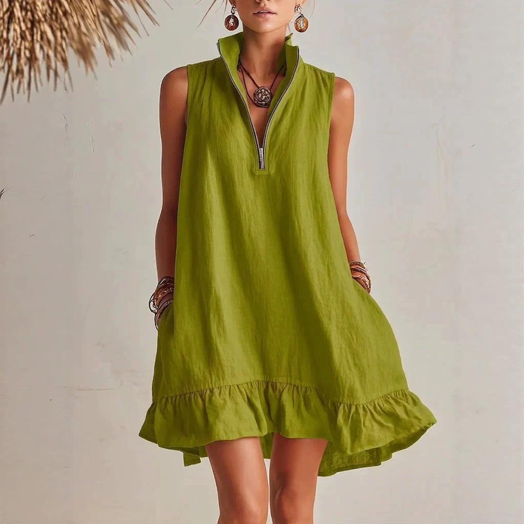 Damen ärmellos Halb-Reißverschluss Stehkragen Leinen Mini-Kleid Lockerer Schnitt Seitentaschen Rüsche Unregelmäßiger Saum Lässig Sommer Strand Urlaub Kurzes Kleid