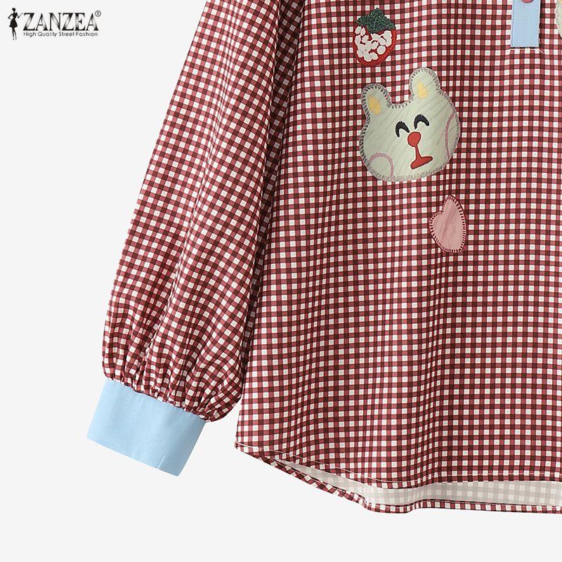 ZANZEA Women Casual Turn Down Collar Long Sleeve Plaid Print Blouse