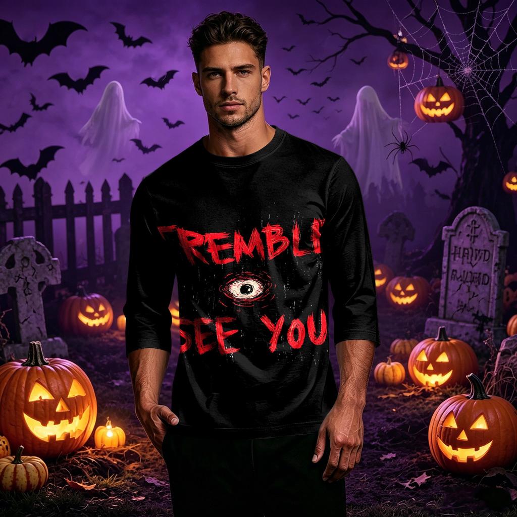 Men's Casual Halloween Printed Crew Neck T-Shirt Three Quarter Sleeve Top Comfortable Fit Lightweight Fabric Suitable for Daily Wear