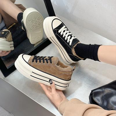 Rabbit Fur Mouth Velvet Women's Winter New Thick-soled Lace-up Matte Leather Round Head Casual Board Shoes