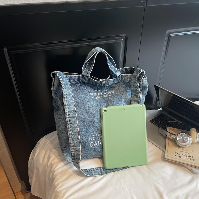 Large Capacity Retro Denim Bag Letter Print Shoulder Bag Women Crossbody Bag