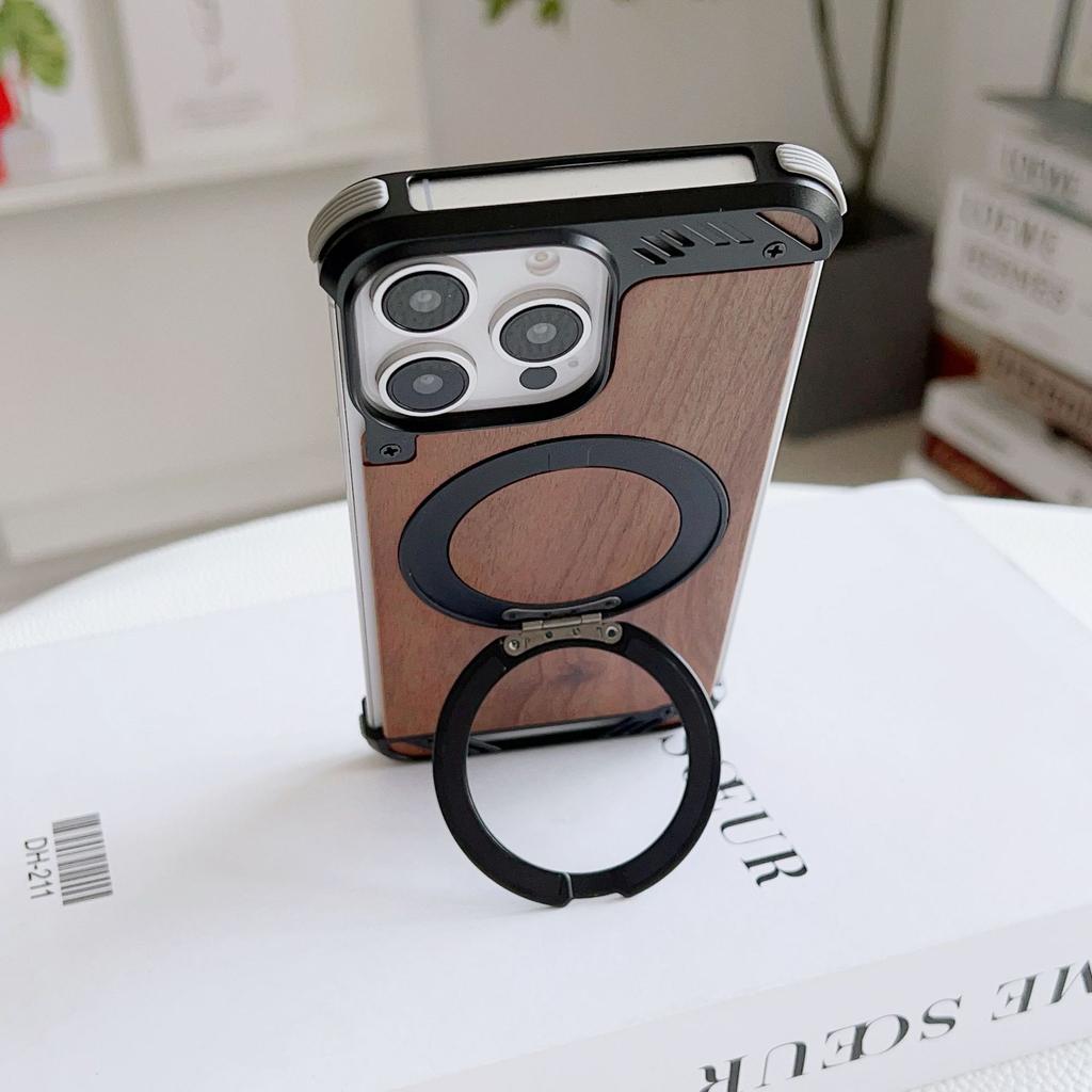 Solid Wood Metal Aromatherapy Walnut Phone Case for Apple 17promax Rotating Bracket Magnetic Including Phone Grip