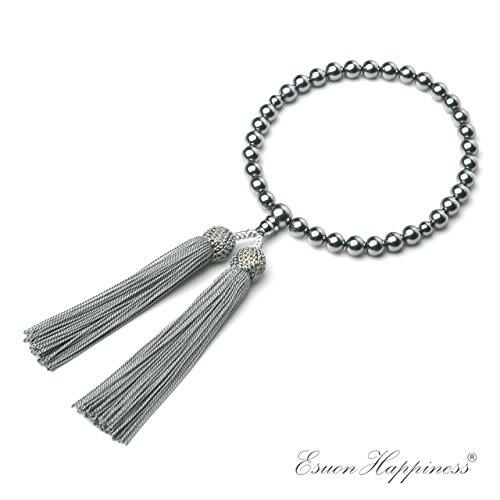 EsuonHappiness Women's Pearl Buddhist Prayer Beads, Nishijin Brocade with Pouch, Black Shell and Pearl Tassel, 8mm