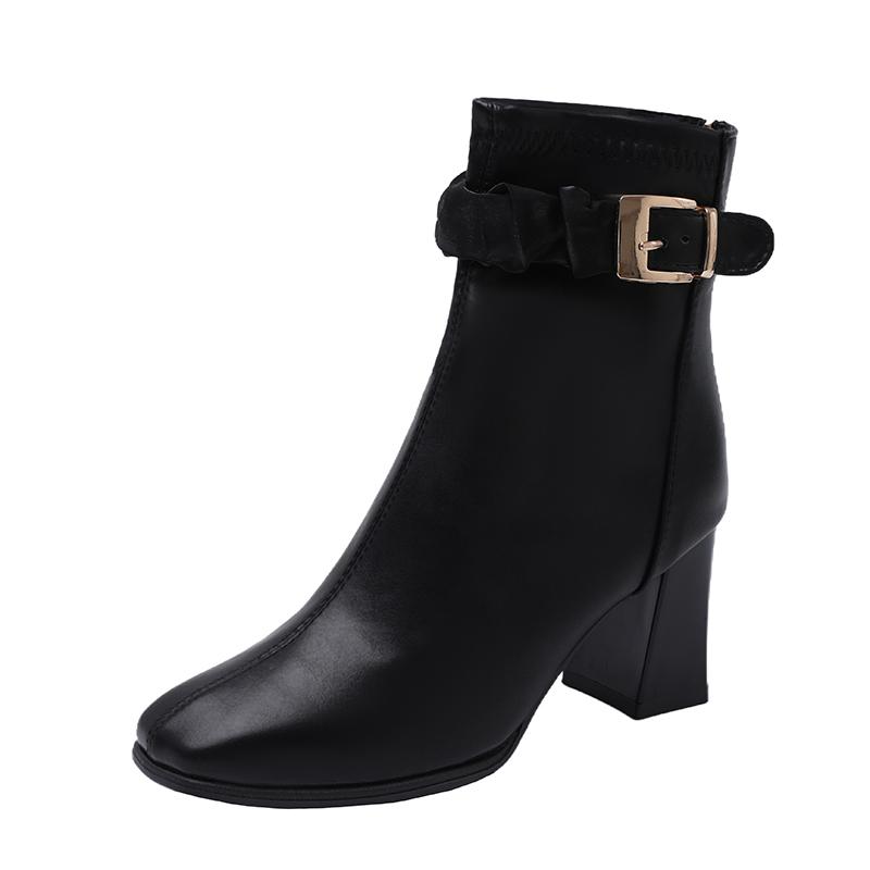 

Zip Booties Fall Winter New Square Toe Metal Belt Buckle Anti-slip Wear-resistant Block Heel Shoes 40 чорний