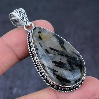 Natural Black Rutile Gemstone Handmade 925 Sterling Silver Pendant 2.44" Q6F46
