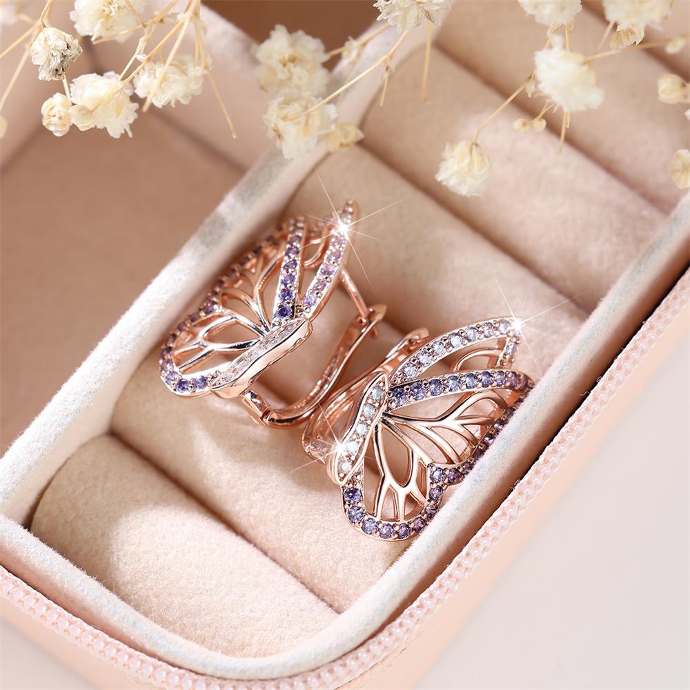 Purple Crystal Pink Zircon Butterfly Hoop Earrings For Women Vintage Rose Gold Color Ear Buckle Wedding Jewelry Engagement Gift