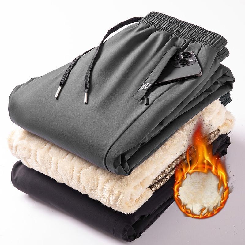 Winter Lambswool-Lined Trousers for Men Thickened Fleece-Lined, Cuffed Trousers Warm and Cold-Resistant Casual Sports Fleece Trousers